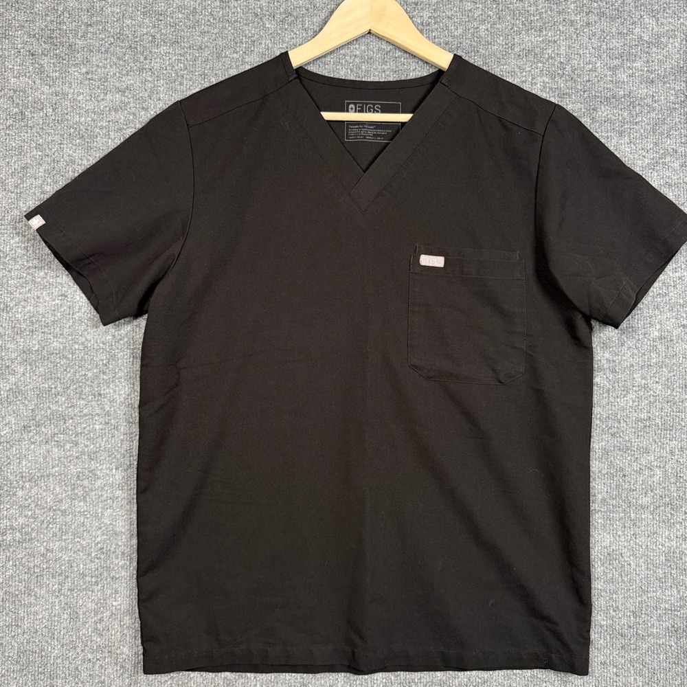 Figs Sz Medium Scrub Top Black Technical Collection V Neck Short Sleeves PO 1683